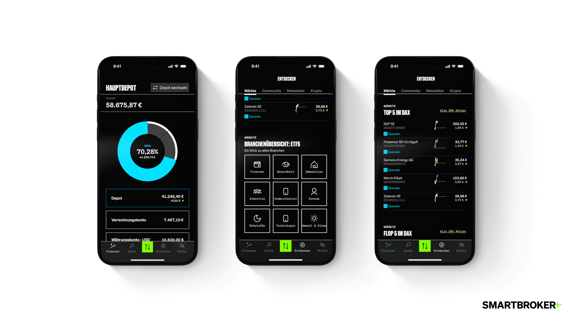Smartbroker App Screens im Dark Mode